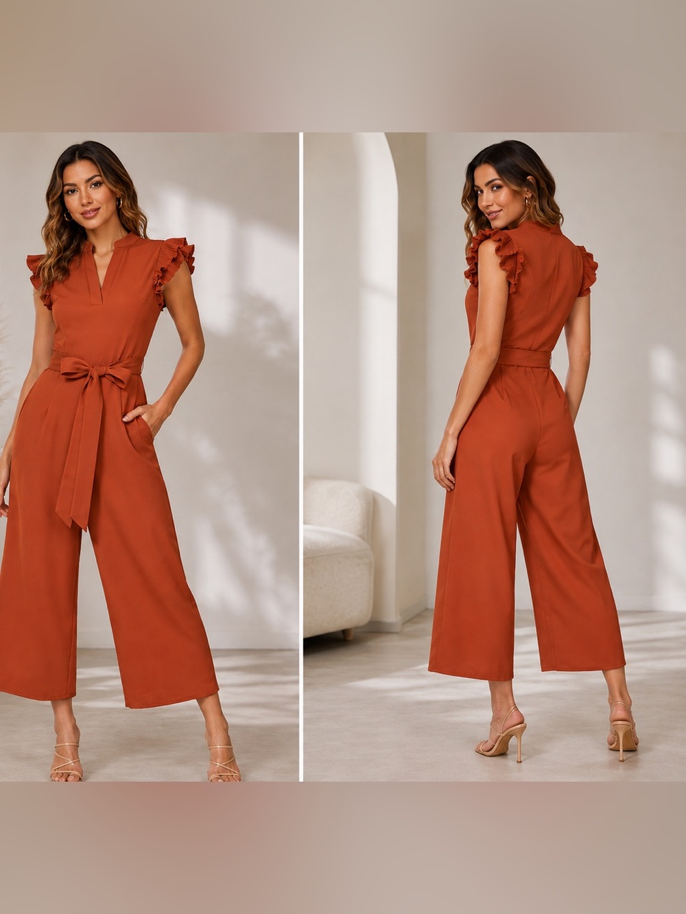 Rust Burnt Orange Ruffle Sleeve Wide Leg Belted Cropped Jumpsuit